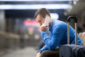 young man phone airport small